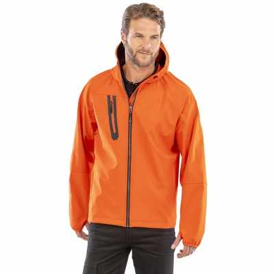 Softshell casual con cappuccio, stampabile e riciclabile, a 3 strati