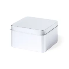 Scatola quadrata in metallo con scritte serigrafate