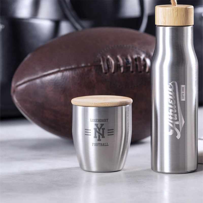 Bicchiere Termico con tappo in bambù con scritte stampate - cod. MK1068