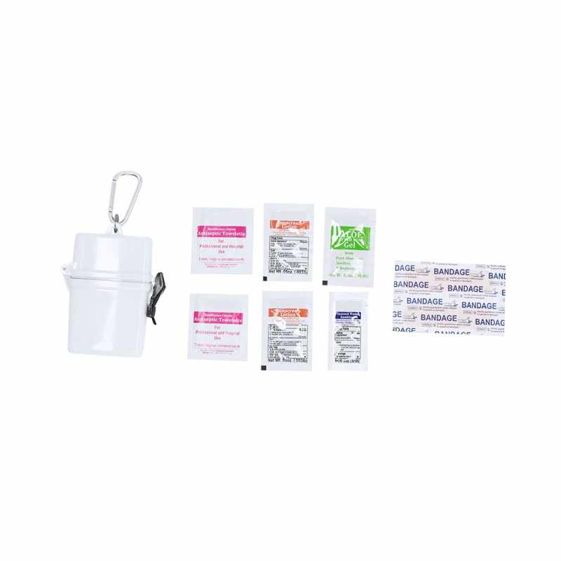 Kit escursionistico con asciugamano, protezione solare, gel igienizzante e bendaggi - cod. MK21496