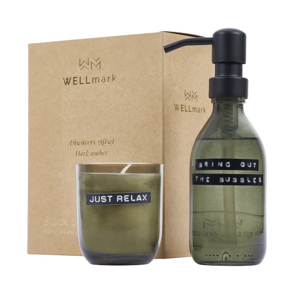 Set di dispenser di sapone per le mani da 200 ml e candela profumata da 150 g con fragranza ambra scura Wellmark  - cod. P126311