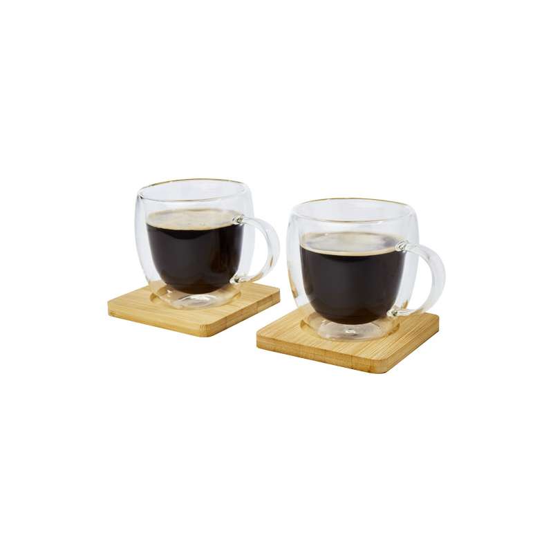 Tazze in vetro a doppia parete da 250 ml con sottobicchiere in bambù - cod. P113315