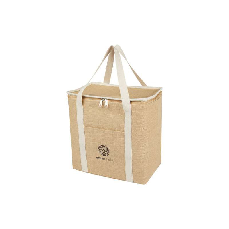 Borsa termica in juta con scritte stampate f.to 32x32x19 cm. - cod. P120676