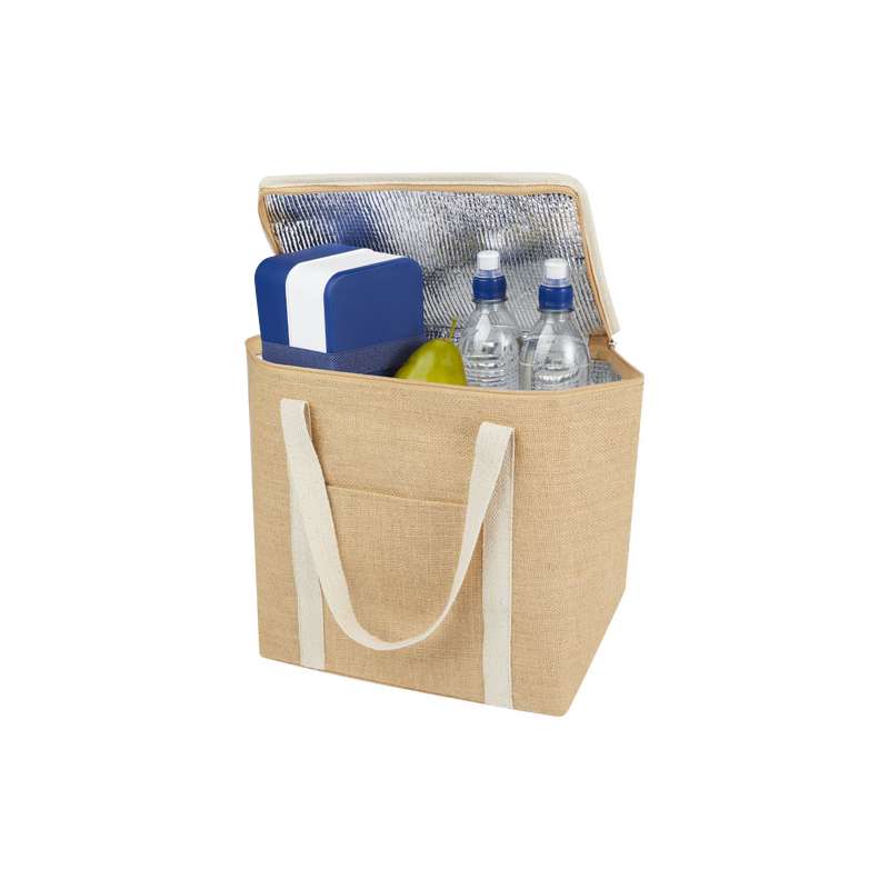 Borsa termica in juta con scritte stampate f.to 32x32x19 cm. - cod. P120676