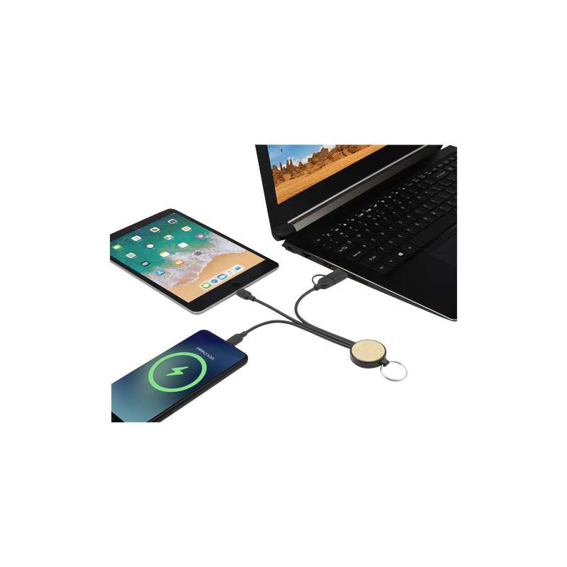 Cavo di ricarica 6 in 1 in plastica riciclata/bambù con portachiavi Tecta - cod. P124325