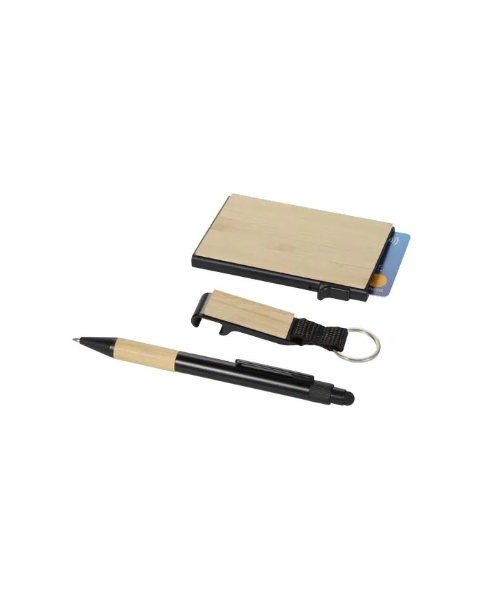 Set regalo con portachiavi e portacarte RFID in alluminio riciclato certificato RCS Minka - cod. P106337