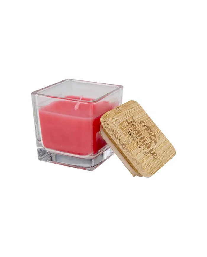 Candela quadrata in vetro con coperchio in bambù Ambra - cod. P126354