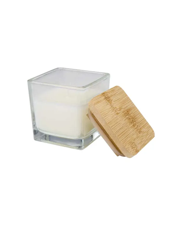 Candela quadrata in vetro con coperchio in bambù Ambra - cod. P126354