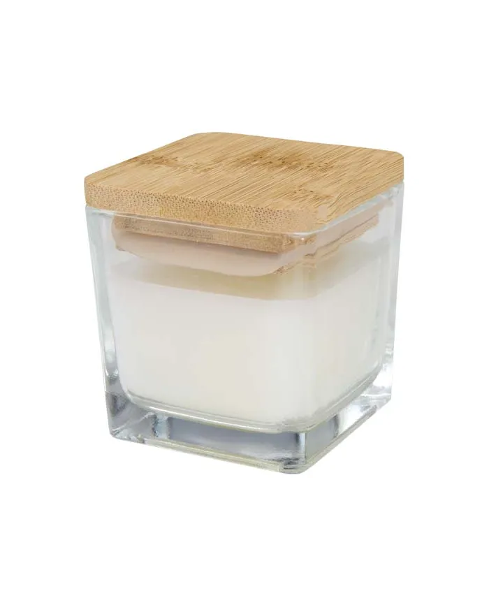 Candela quadrata in vetro con coperchio in bambù Ambra - cod. P126354