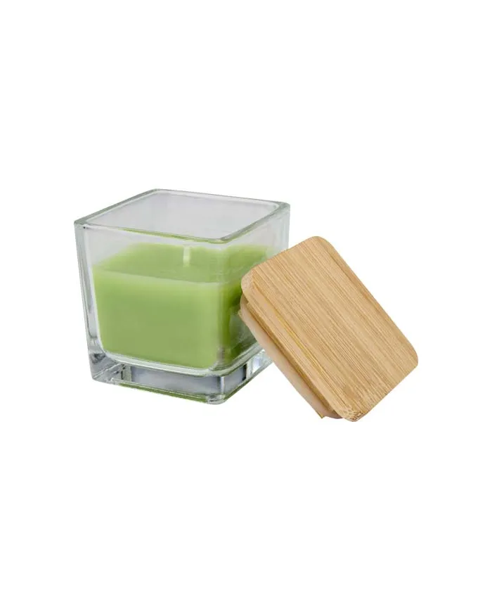 Candela quadrata in vetro con coperchio in bambù Ambra - cod. P126354