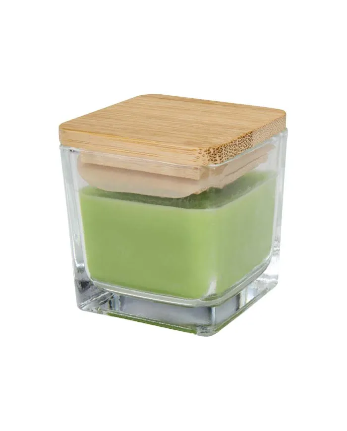 Candela quadrata in vetro con coperchio in bambù Ambra - cod. P126354