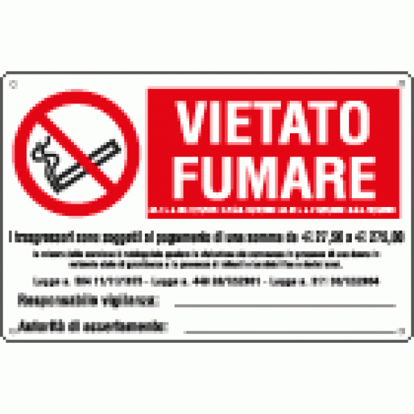 Cartello DIVIETO VIETATO FUMARE L. 311 30/12/04 con ammenda - cod. art. E3554